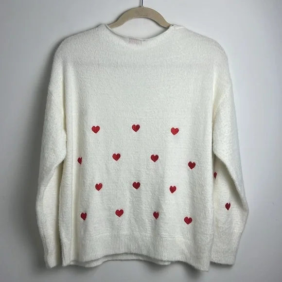 Pink Lily Cream V-Neck Embroidered Heart Fuzzy Soft Long Sleeve Sweater Size 2XL - Picture 10 of 13